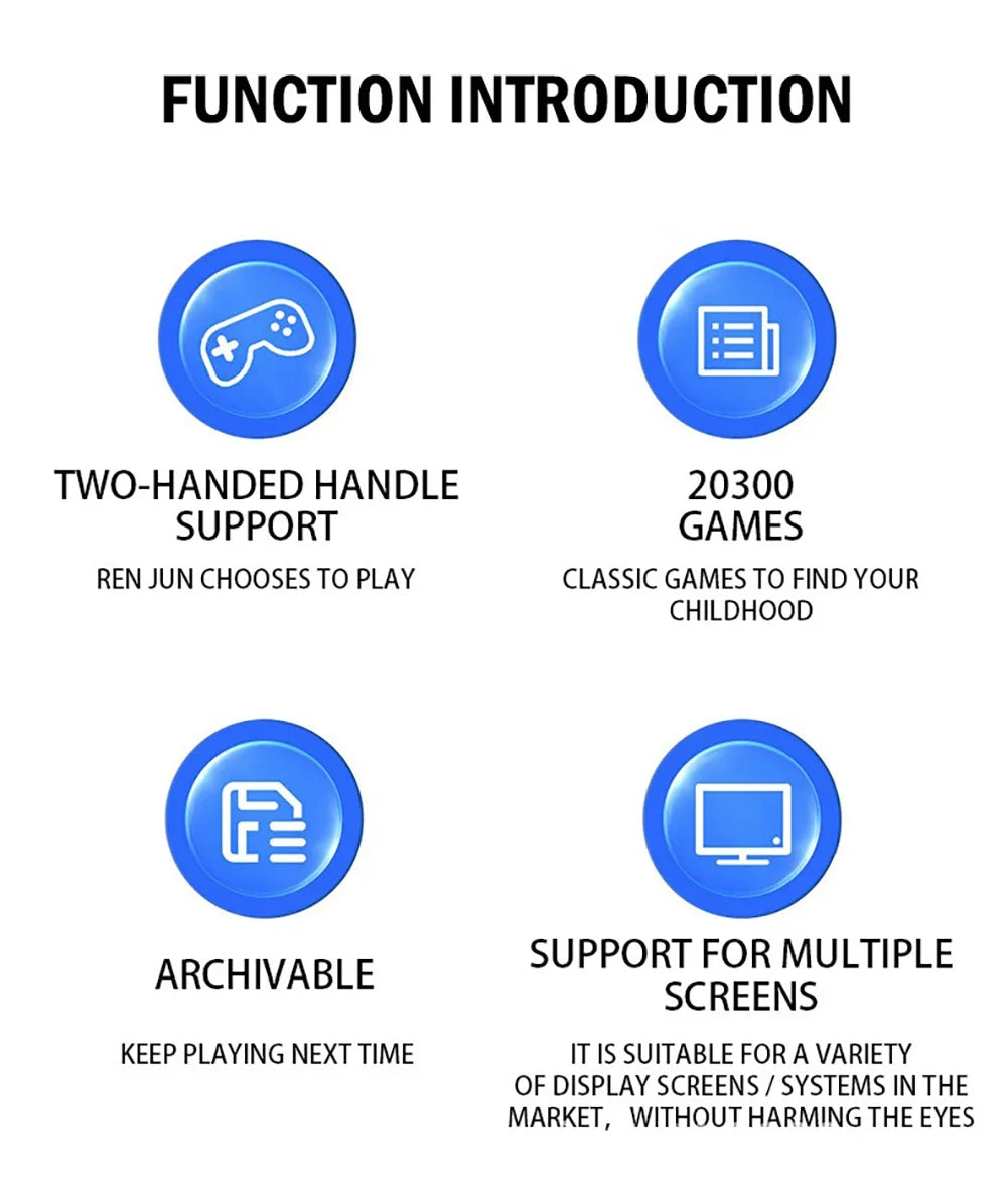 Retro game console infographic highlights 2-handed handle support, 20300 games, archivable play on Tampa Home & Garden Store