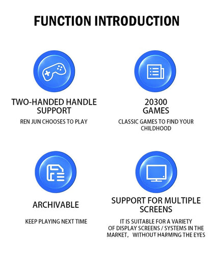 Retro game console infographic highlights 2-handed handle support, 20300 games, archivable play on Tampa Home & Garden Store