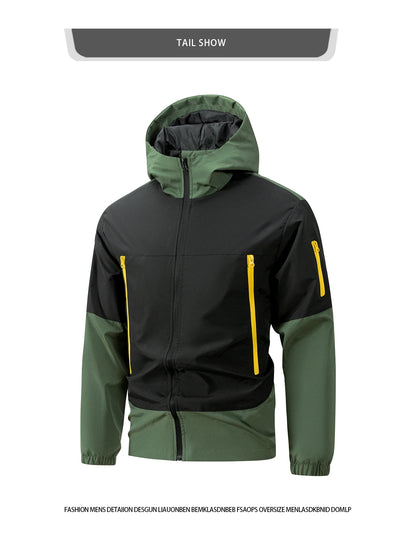 Men windproof hooded jacket with black body, green hood and sleeves, yellow zip pockets on Tampa Home & Garden Store
