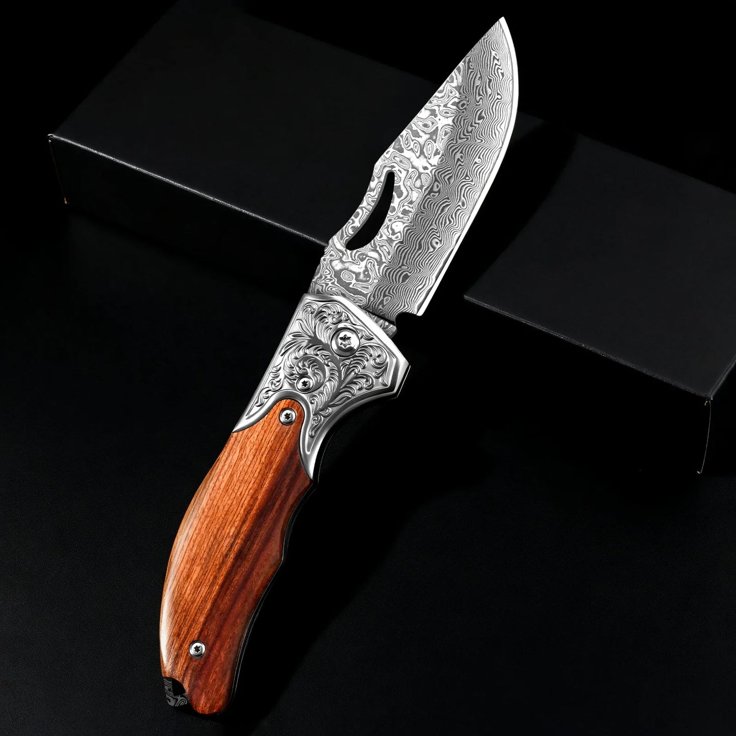 67 Layer Damascus Folding Knife with Wood Handle