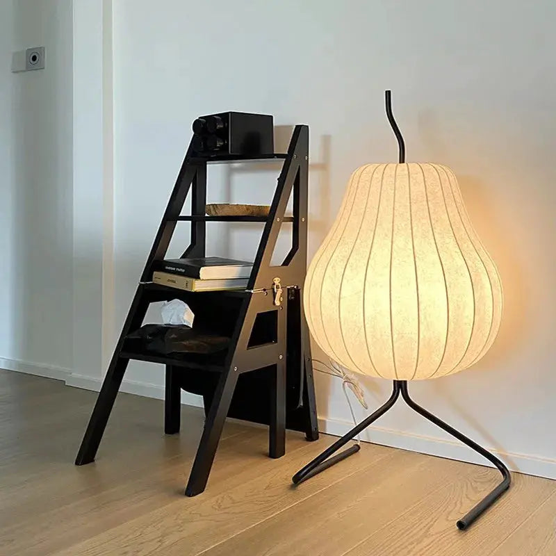 DecorBites Japanese Silk Floor Lamp Wabi Sabi LED fabric shade on black metal tripod base on Tampa Home & Garden Store