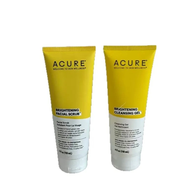 ACURE brightening facial scrub and cleansing gel two tubes in yellow packaging on Tampa Home & Garden Store