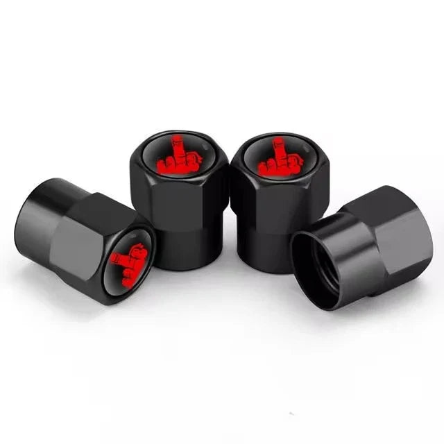 4-pack aluminium valve stem caps, black hex, red logo tops by BikerZoneZ for motor vehicle tires on Tampa Home & Garden Store