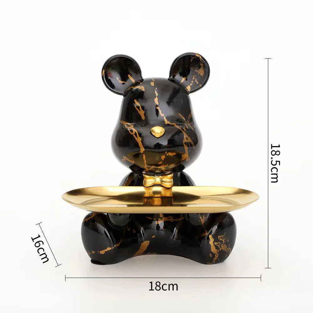 Graffiti bear figurine in black marble with gold veins, gold oval tray, 18cm wide on Tampa Home & Garden Store