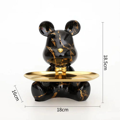 Graffiti bear figurine in black marble with gold veins, gold oval tray, 18cm wide on Tampa Home & Garden Store