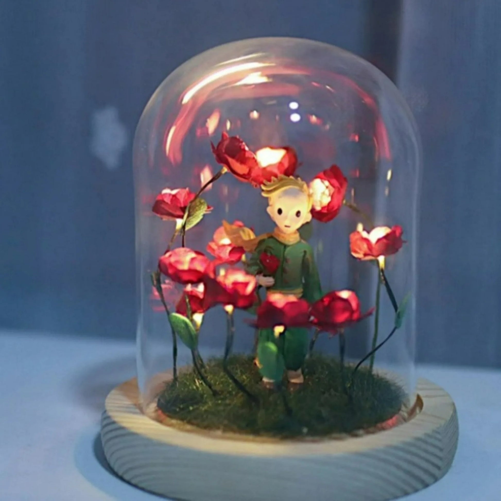 Little Prince night light with red immortal roses under a glass dome on a wooden base on Tampa Home & Garden Store
