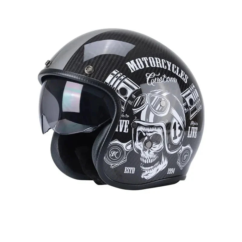 Carbon fiber open-face motorcycle helmet with skull graphic by BikerZoneZ on Tampa Home & Garden Store