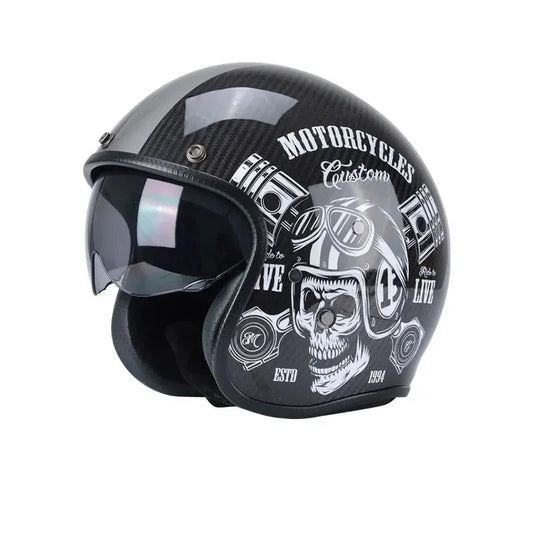 Carbon fiber open-face motorcycle helmet with skull graphic by BikerZoneZ on Tampa Home & Garden Store