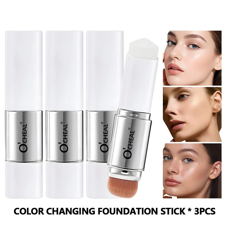 O'CHEAL color-changing foundation sticks set of 3 with white caps and silver bases, double-ended applicator for blemishes and pores, model swatches on Tampa Home & Garden Store