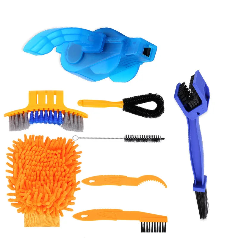 Portable Chain Cleaner Kit 8pc by BikerZoneZ with blue handle tool and orange brush heads on Tampa Home & Garden Store