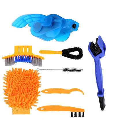 Portable Chain Cleaner Kit 8pc by BikerZoneZ with blue handle tool and orange brush heads on Tampa Home & Garden Store