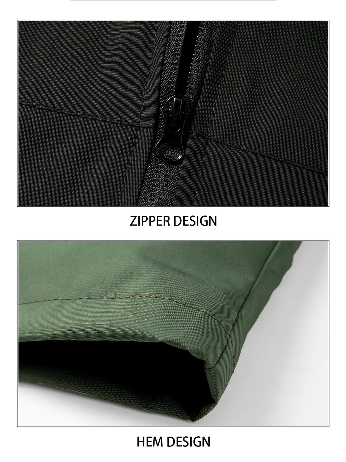 Zipper close-up on windproof hooded men's jacket from UpTrend Deals with hem stitching on Tampa Home & Garden Store