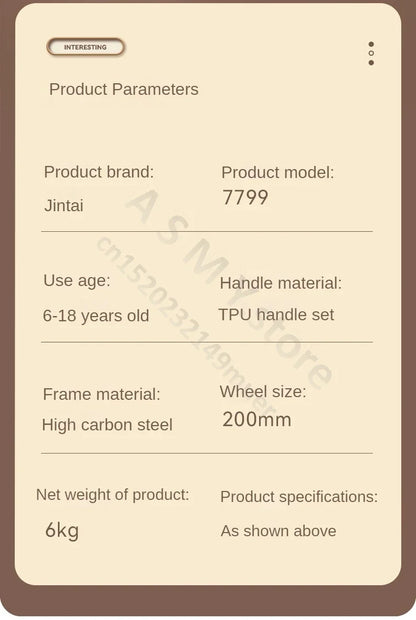 Foldable kick scooter info: Jintai 7799, 6kg, 200mm wheels, carbon steel frame, TPU grips on Tampa Home & Garden Store