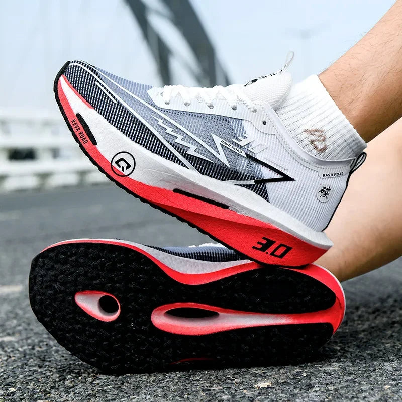Running Sneakers Cushioned Carbon Board EstaliosFit white/gray athletic shoes with red sole on Tampa Home & Garden Store