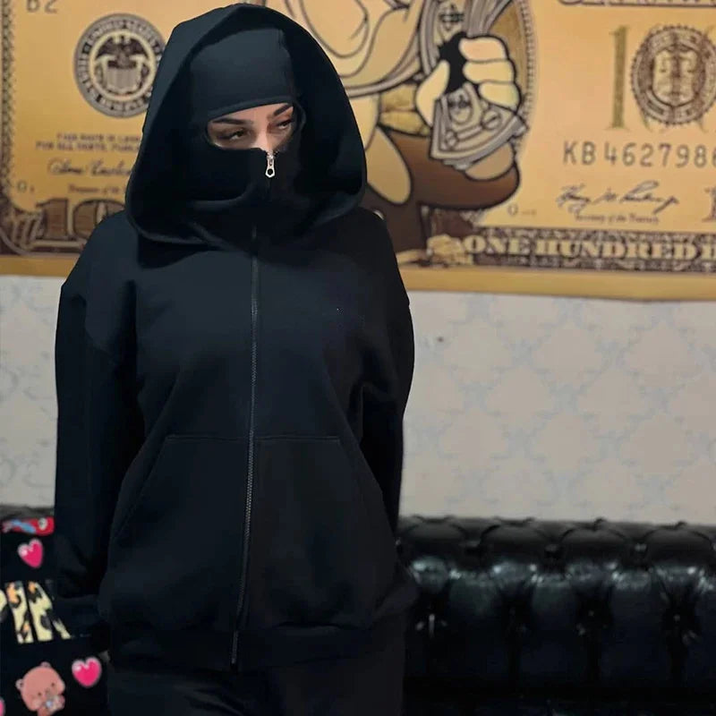 Men's black balaclava zip hoodie with built-in face mask, hooded jacket UpTrend Deals on Tampa Home & Garden Store