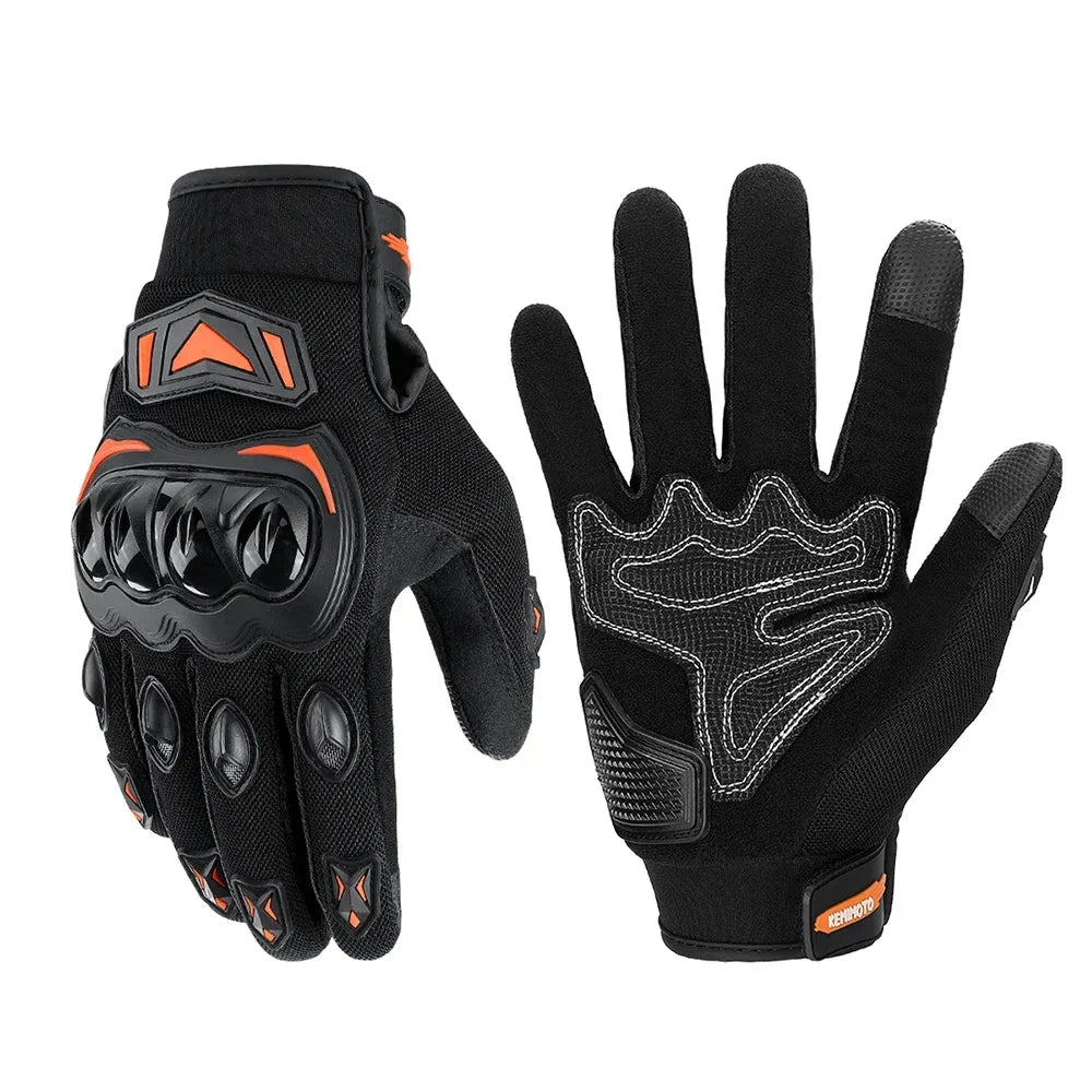 Black summer riding gloves with hard knuckle protection and orange accents, touchscreen capable on Tampa Home & Garden Store