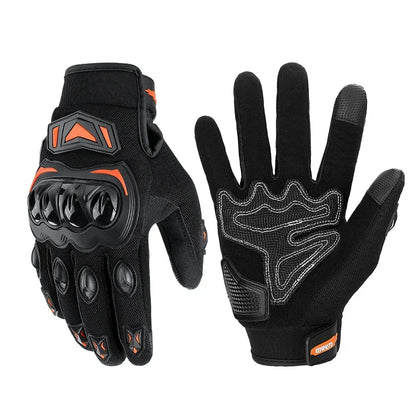 Black summer riding gloves with hard knuckle protection and orange accents, touchscreen capable on Tampa Home & Garden Store