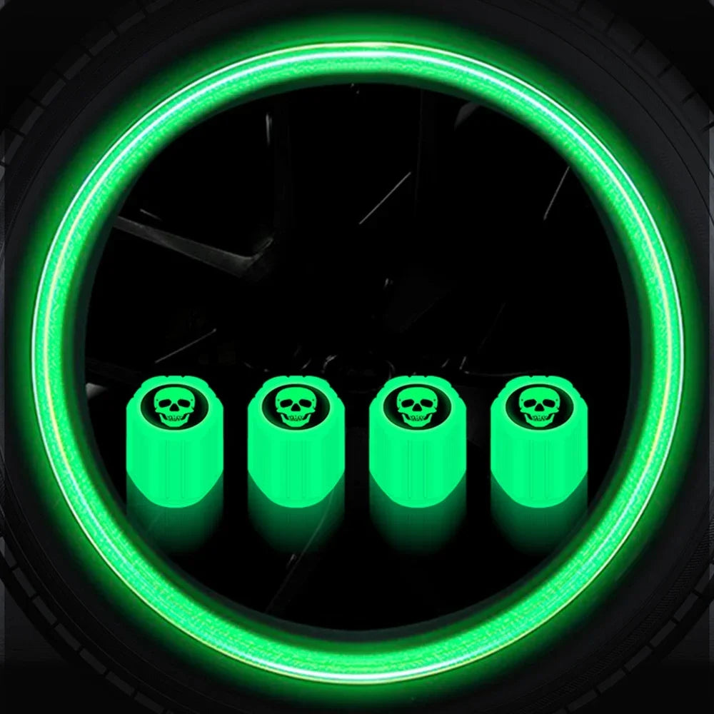 4PCS Luminous Valve Stem Caps BikerZoneZ green skull caps, 4-pack on Tampa Home & Garden Store