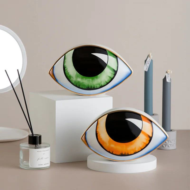 Perfecsy Nordic style ceramic devil's eye decor sculptures, green and orange irises, pair on Tampa Home & Garden Store