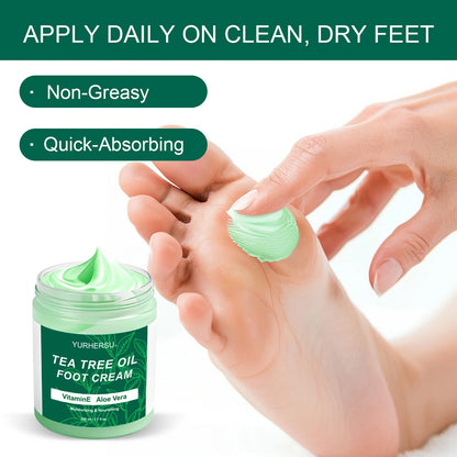 YURHERSU Tea Tree Oil Foot Cream jar with mint-green cream applied to a toe on Tampa Home & Garden Store