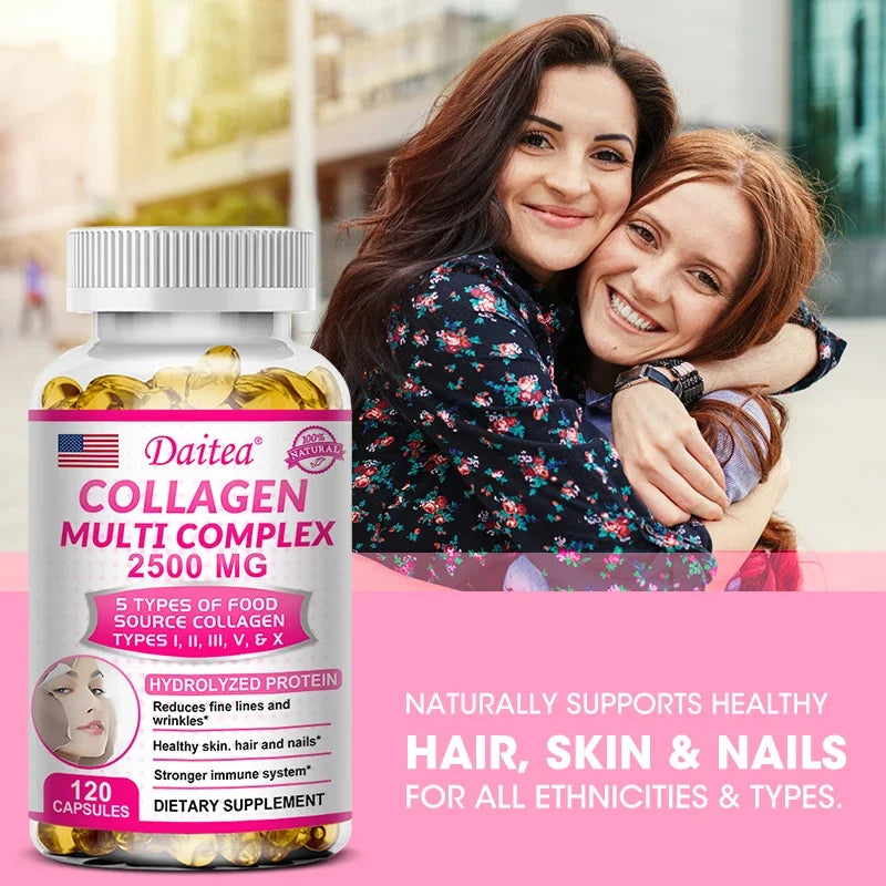 Daitea Collagen Multi Complex bottle with yellow capsules, two women embracing in foreground on Tampa Home & Garden Store