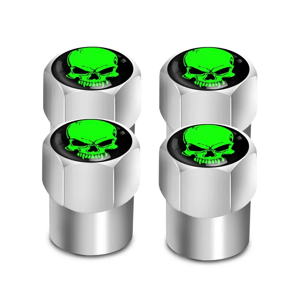 Valve stem caps 4Pcs set by BikerZoneZ with green skull logo, chrome finish on Tampa Home & Garden Store