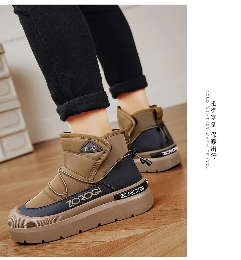 Mens Winter Ankle Boots warm tan and navy outdoor shoes, with ZOROGI branding and FLFG patch on Tampa Home & Garden Store