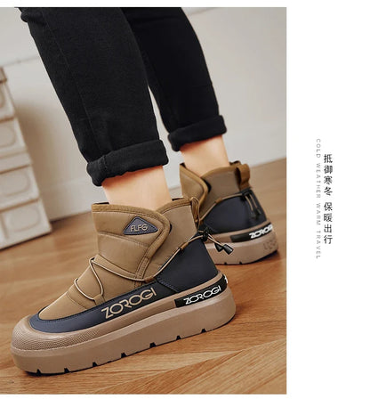 Mens Winter Ankle Boots warm tan and navy outdoor shoes, with ZOROGI branding and FLFG patch on Tampa Home & Garden Store