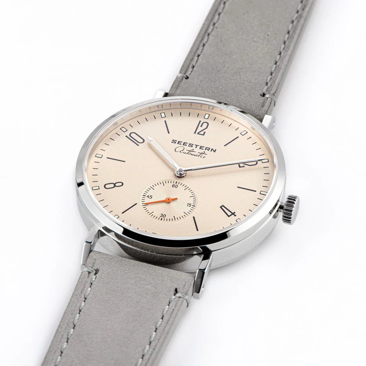 Seestern men's ultra-thin automatic dress watch beige dial steel case gray leather strap on Tampa Home & Garden Store