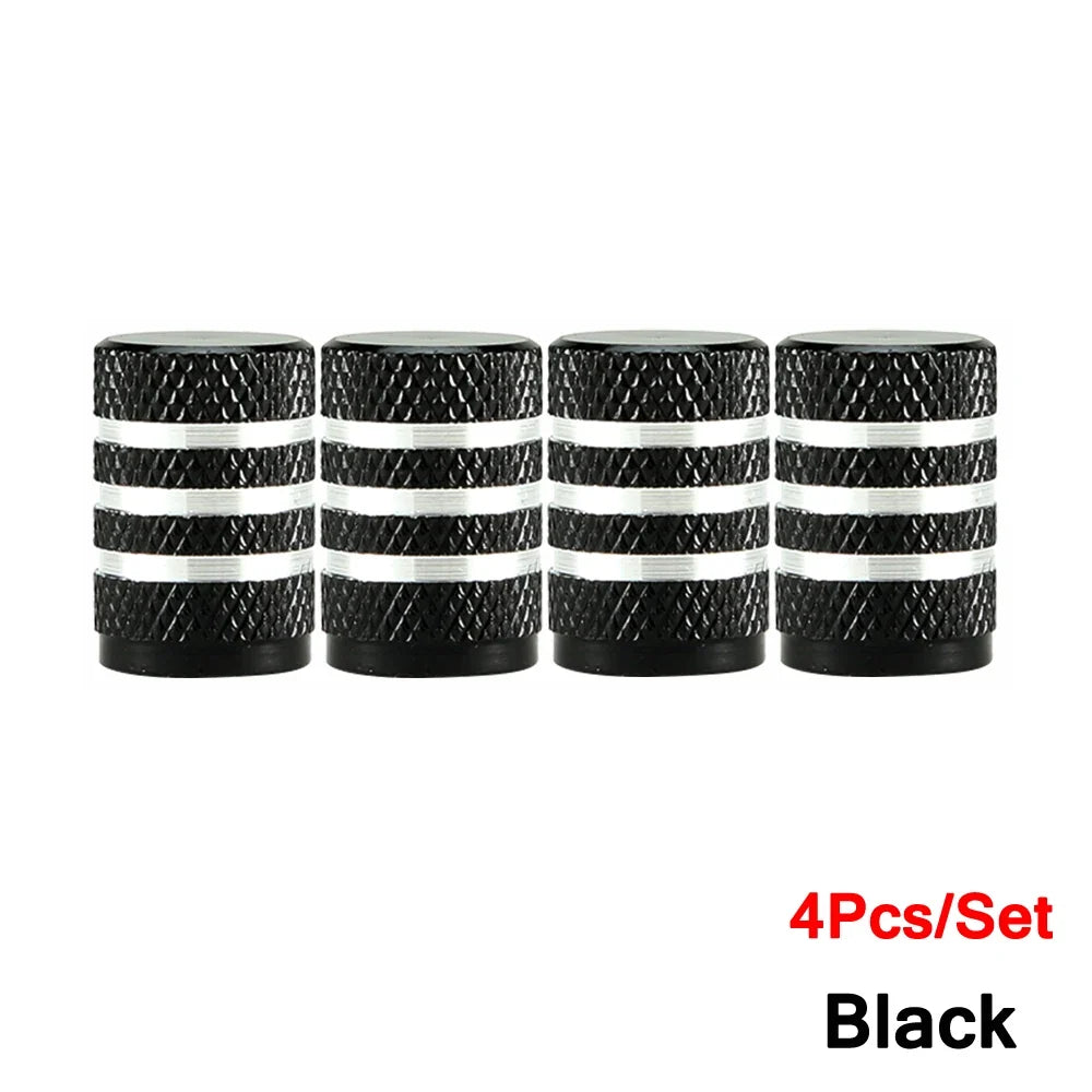 Valve caps 4-pack, black knurled with white bands, tire accessories on Tampa Home & Garden Store