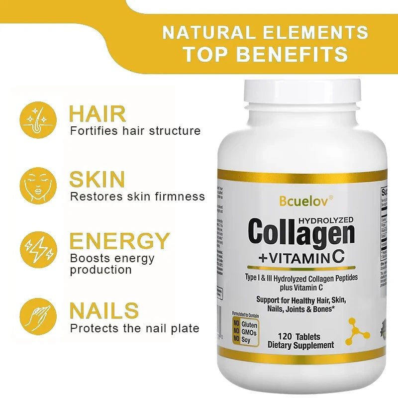 Bcuelov Hydrolyzed Collagen Peptides bottle by Silcy Skin, supports hair and nails on Tampa Home & Garden Store