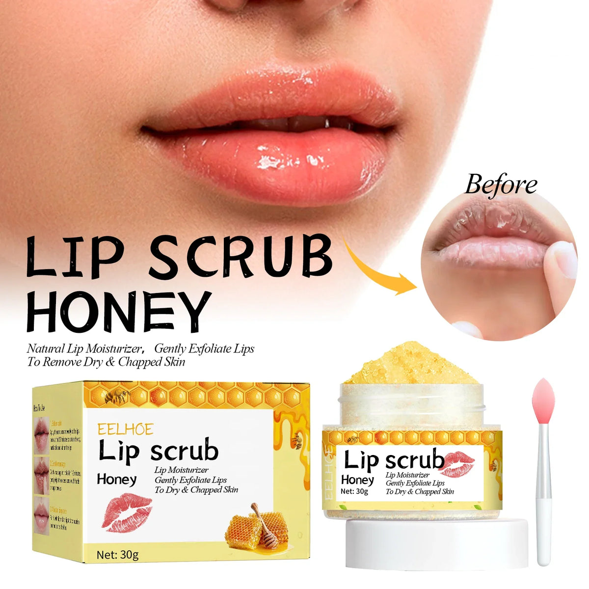 EELHOE Honey Lip Scrub jar with honeycomb packaging, two boxes, Silcy Skin branding on Tampa Home & Garden Store