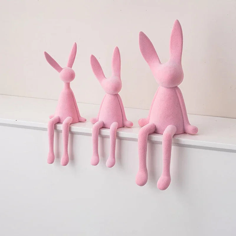 Pink resin flocked rabbit statues set of 3 by Perfecsy, handmade bunny decor for tabletop on Tampa Home & Garden Store