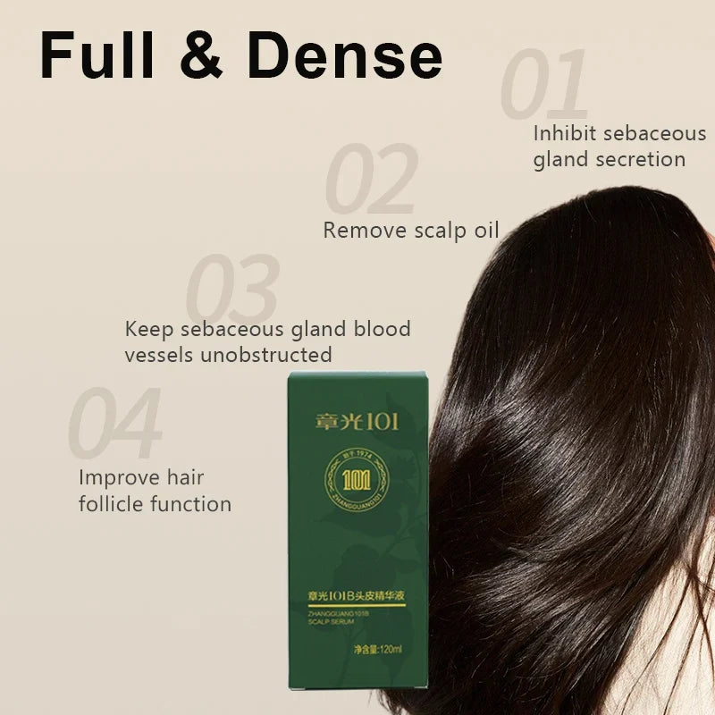Silcy Skin Zhangguang 101B hair tonic serum green box beside dark hair on beige background on Tampa Home & Garden Store