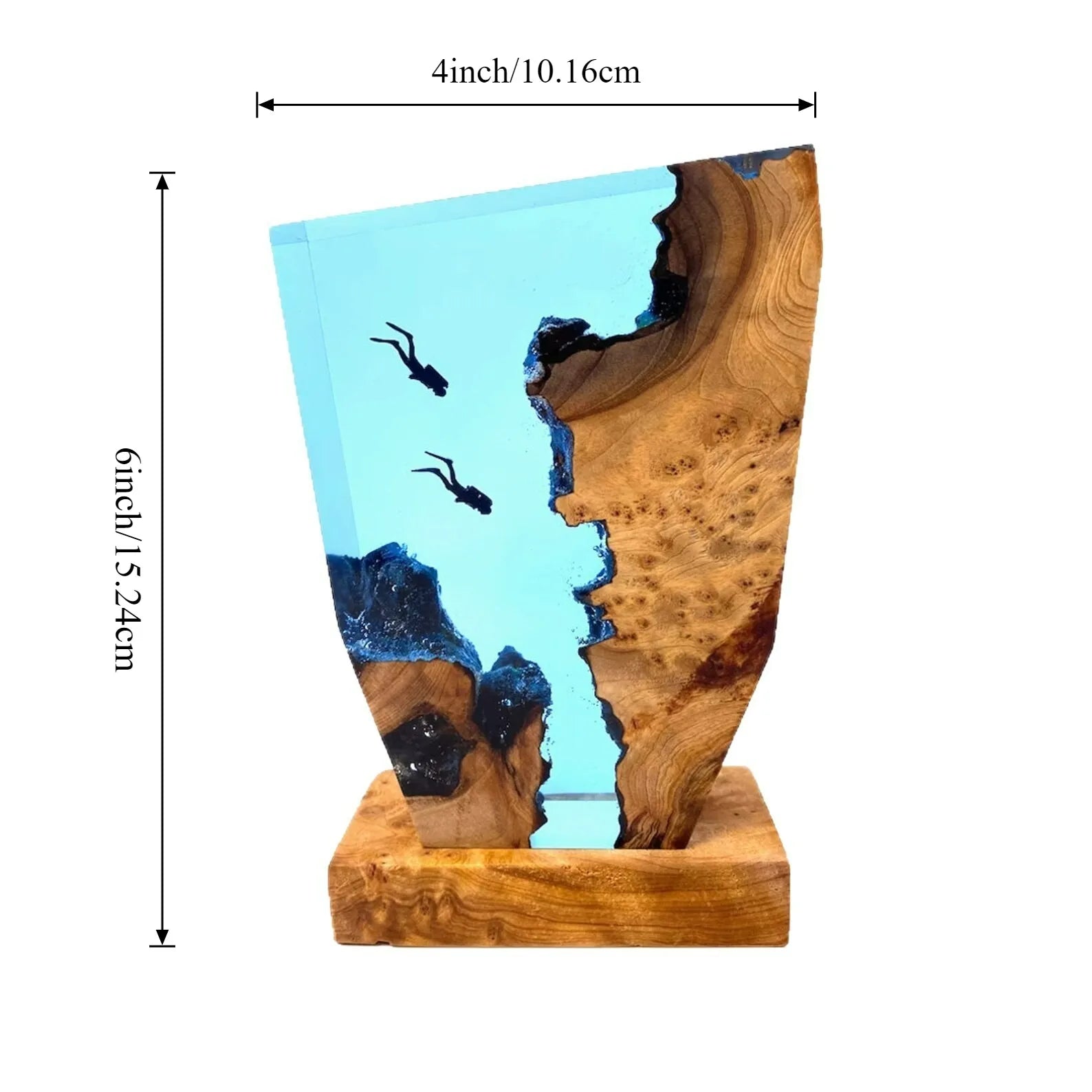 Seabed Exploration Resin Table Light with two divers, blue epoxy sea, wood base on Tampa Home & Garden Store