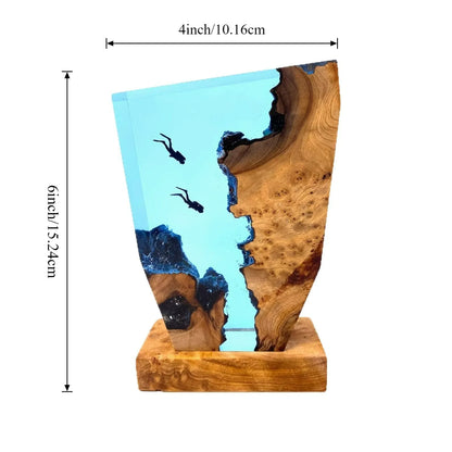 Seabed Exploration Resin Table Light with two divers, blue epoxy sea, wood base on Tampa Home & Garden Store