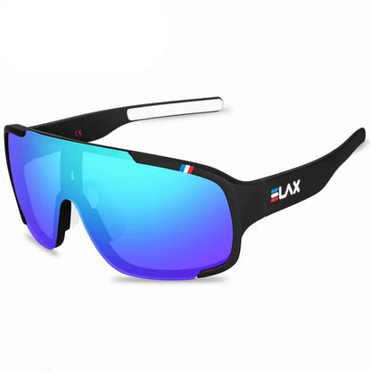 ELAX Sunglasses UV400 outdoor sport blue mirrored lenses black frame logo ELAX on temple on Tampa Home & Garden Store