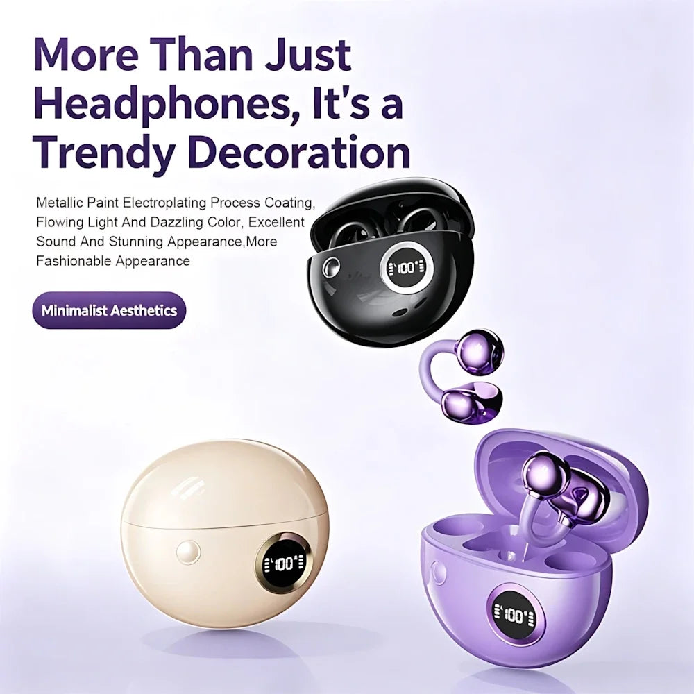 Open wireless earphones with charging cases in black, beige, and purple; purple earbuds displayed on Tampa Home & Garden Store