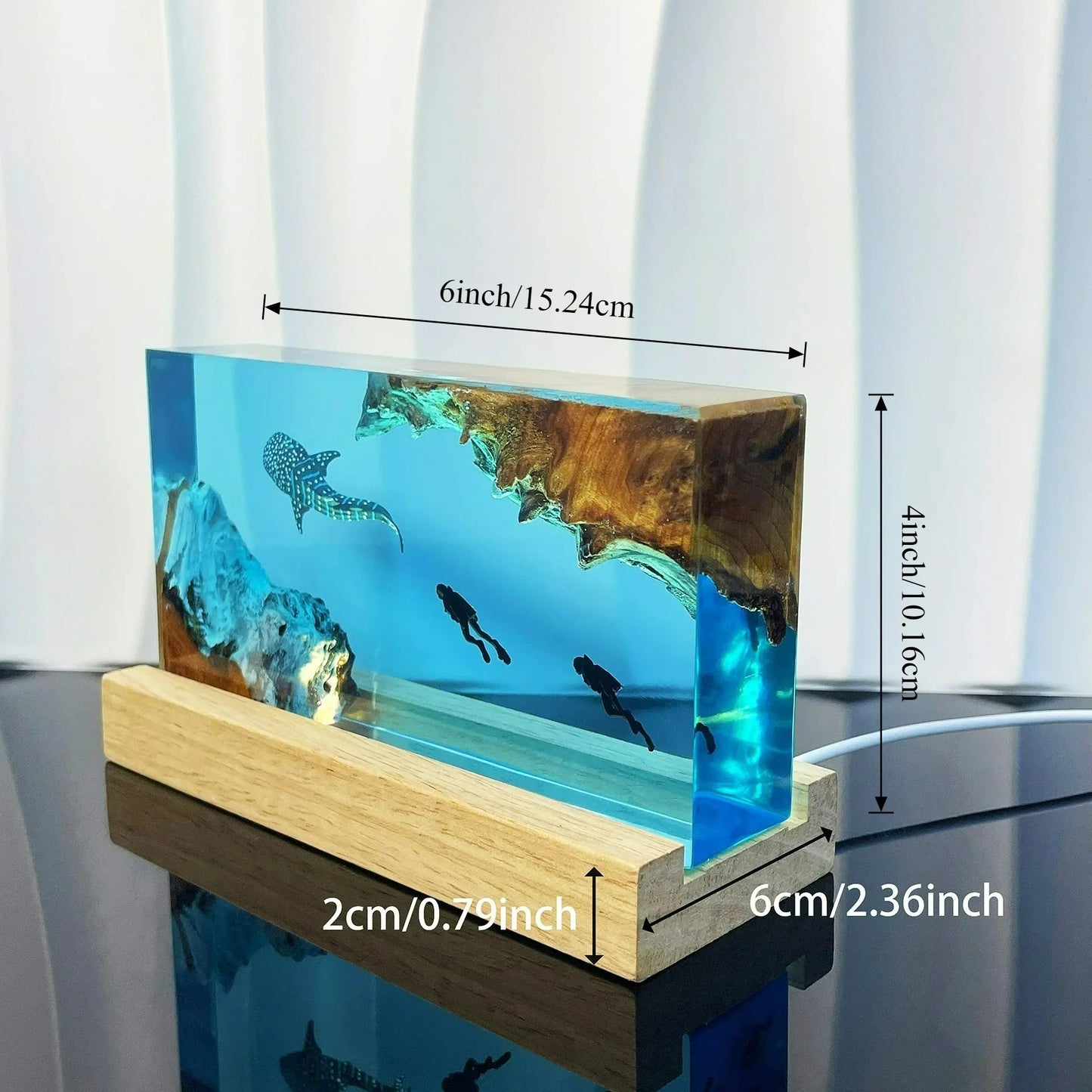 Perfecsy Seabed Exploration 2 Divers Resin Table Light blue underwater scene on wooden base on Tampa Home & Garden Store