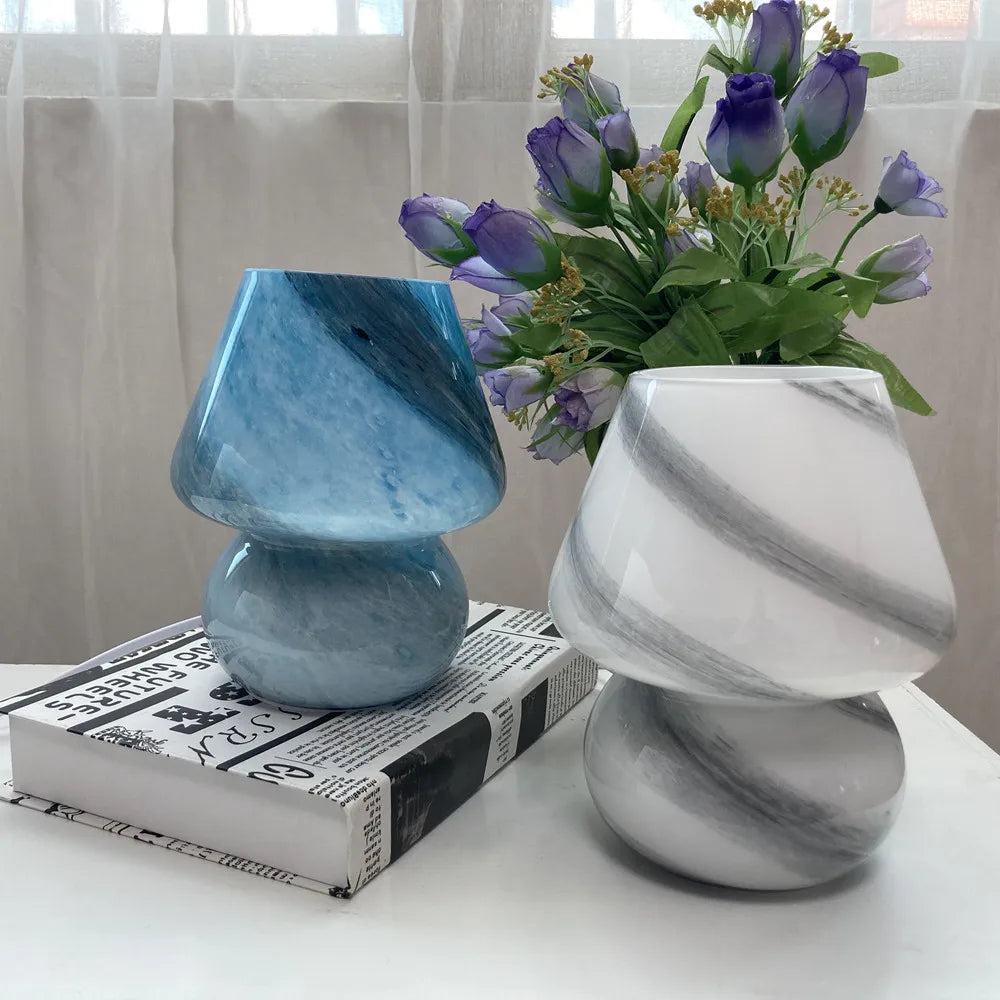 Medieval style glass mushroom table lamp in blue beside white marbled lamp on Tampa Home & Garden Store
