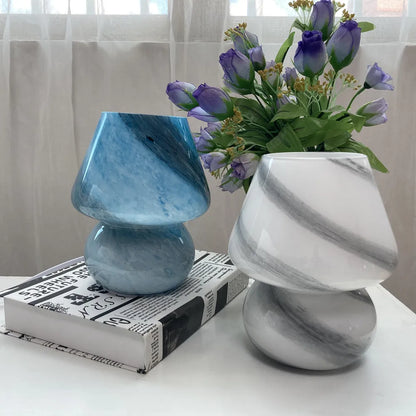 Medieval style glass mushroom table lamp in blue beside white marbled lamp on Tampa Home & Garden Store