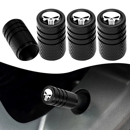 4-pack skull valve stem caps by BikerZoneZ, knurled black metal caps with white skull logo on Tampa Home & Garden Store