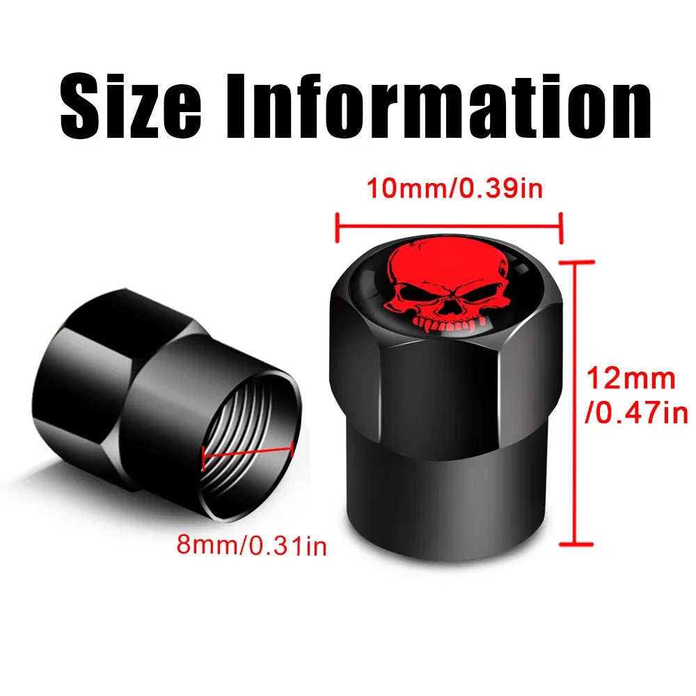 4Pcs valve stem caps set, black metal with red skull top for motor vehicle tires on Tampa Home & Garden Store