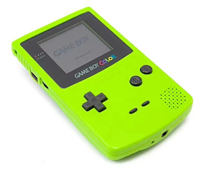 Game Boy Color handheld console neon lime green with black D-pad and A/B buttons, IPS screen backlight on Tampa Home & Garden Store
