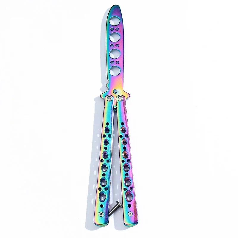 Folding butterfly knife trainer stainless rainbow finish with hole-punched handles on Tampa Home & Garden Store