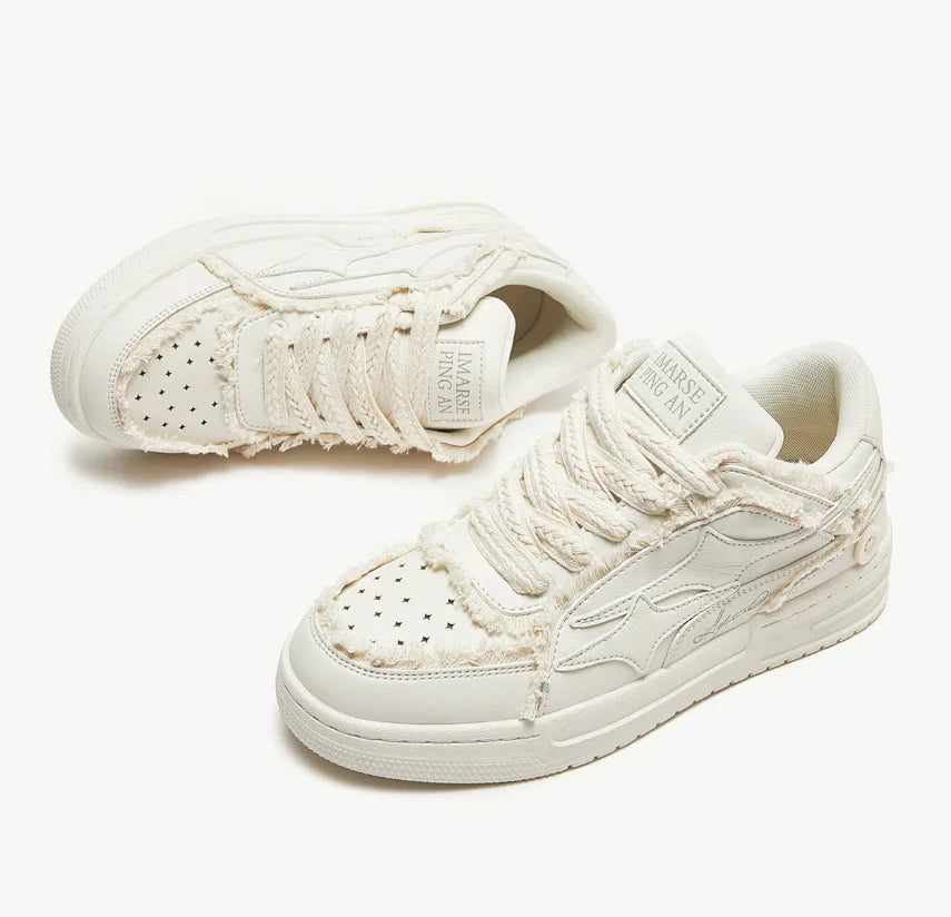 EstaliosFit Tennis Sneakers, white leather pair with star perforations and distressed edges on Tampa Home & Garden Store