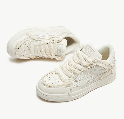 EstaliosFit Tennis Sneakers, white leather pair with star perforations and distressed edges on Tampa Home & Garden Store