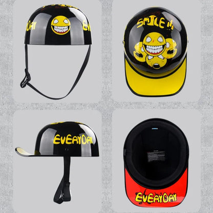 Vintage half helmet in black and yellow with a bold smiley graphic and everyday lettering on Tampa Home & Garden Store