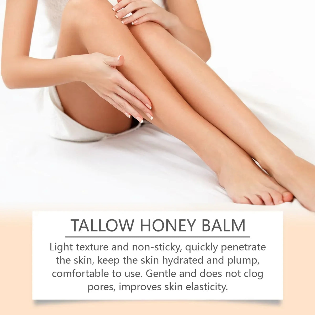 Tallow Honey Balm Silcy Skin applied to smooth legs for hydrated, glowing skin on Tampa Home & Garden Store