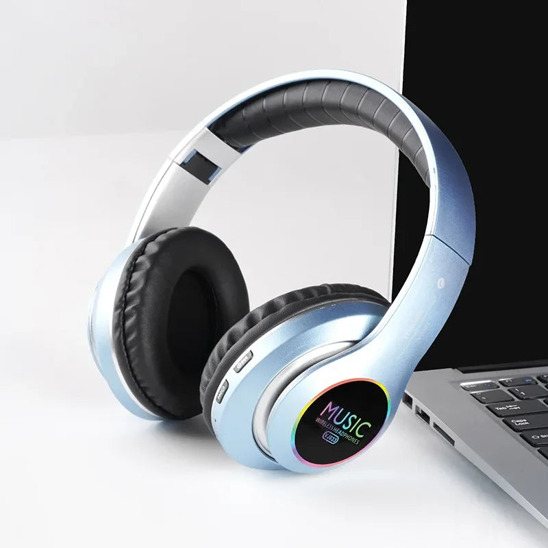 Wireless Bluetooth 5.0 HiFi headphones in metallic blue with RGB ring on earcup on Tampa Home & Garden Store